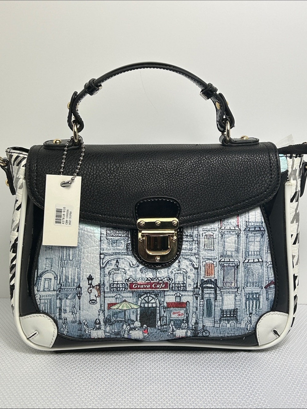 Novelty Satchel Shoulder Bag Cafe City Theme Flap Over Lock Closure Handbag